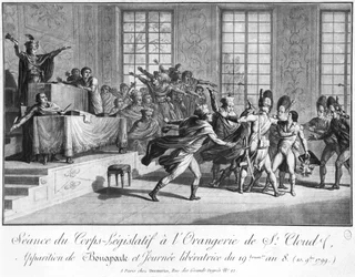 Sitzung des Gesetzgebenden Körpers in der Orangerie von St. Cloud, Ankunft von Bonaparte (1769-1821) geschützt von zwei Grenadieren, 19. Brumaire Jahr 8 (10. November 1799), ca. 1800